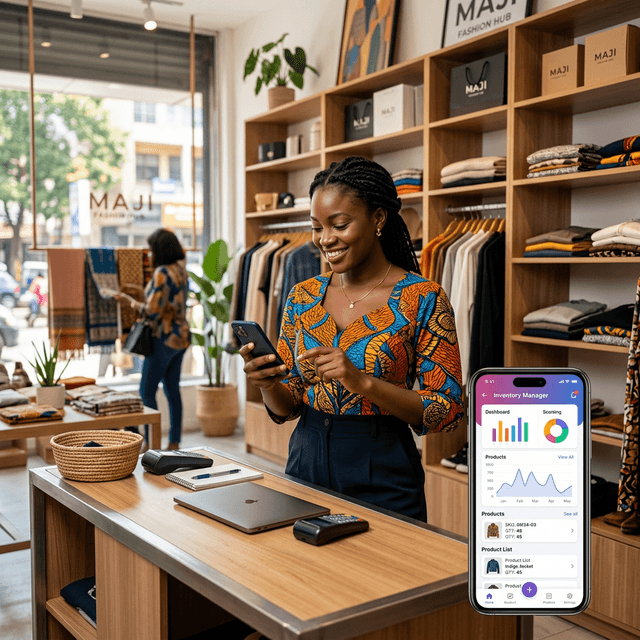 Shop owner managing inventory on mobile