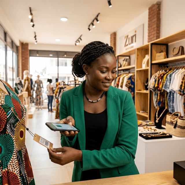 Entrepreneur scanning products in boutique